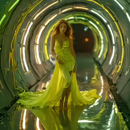 woman in neon dress in tunnel at night