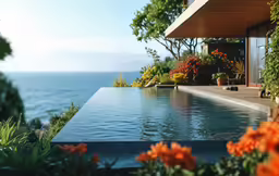 a large swimming pool with the view of a beautiful ocean behind it