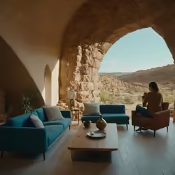 there is a woman sitting on the couch in the living room