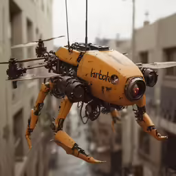 a large yellow robot with three propellers flying over a city