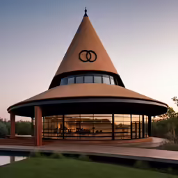 a pyramid shaped building is surrounded by water
