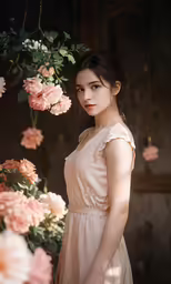 an attractive woman posing near a floral display