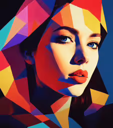 a woman in the art form with a very bright background,the woman has colored triangles covering her face