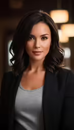 an attractive woman in a business suit and grey shirt