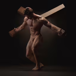 a naked man holding a wooden cross in his arms