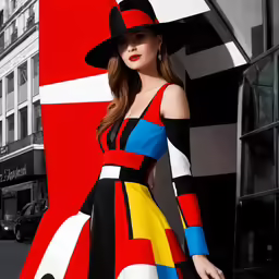a woman in a dress and hat poses by the entrance to a building