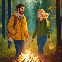 two people are walking toward a campfire,a man and woman walking away from a camp fire