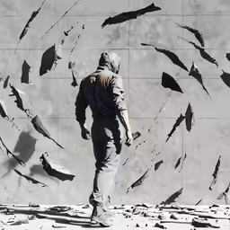 a man standing near a wall that has some falling apart paper pieces on it