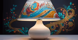 there is a lamp on the table next to the wall