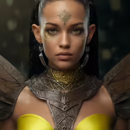 a girl with winged hair wearing a yellow top and golden earrings