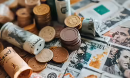 rolls of coins, cups and other crafting items are on the table