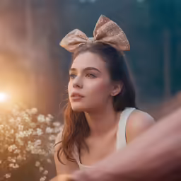 young woman wearing gold bows sitting outside in a park