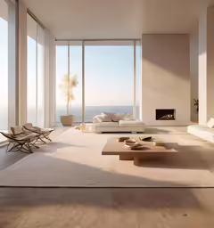 an open living room with large windows looking out on the ocean