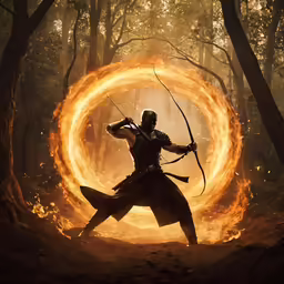 a man in armor with a sword surrounded by fire