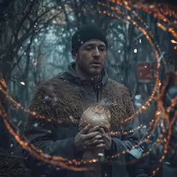 a man holding an apple near a circle of lights