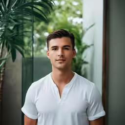 a man in white shirt and white plant