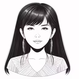 a girl in black and white with long hair