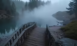 a wooden walkway leads to a foggy lake