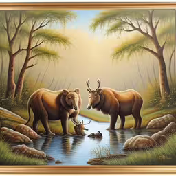 the painting is called the bears and deer by water,a painting of two wild animals by a stream,painting of two animals standing in front of a river,two brown bears standing in a forest by water,there are two animals standing in the middle of this painting
