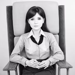 a woman sitting on top of a black and white chair