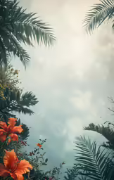 orange flowers and some green leaves against a cloudy sky