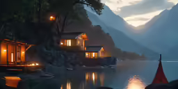 a body of water with two buildings in the background
