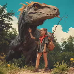 a young girl stands near a lifesiver dinosaur in an animated scene