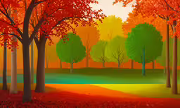 a forest with some trees and some leaves,an image of a painting of red and green trees