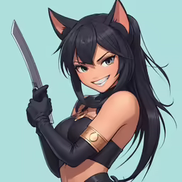 a woman in a cosplay cat suit holds a knife