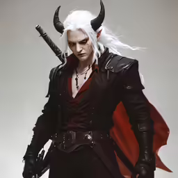 the male character in an outfit with horns stands against a white background