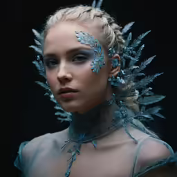 a beautiful young woman in costume and leaves in her hair