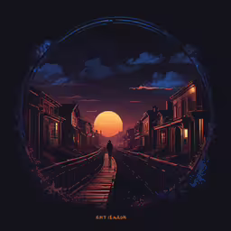 a person is walking down a road at sunset,a man walking down a dark alley way under a red, glowing sun
