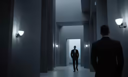a man standing in an empty hallway between two lights