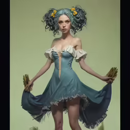 a woman dressed up in a blue dress and white collar
