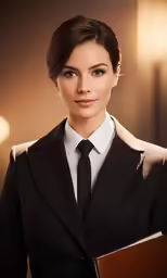 a woman dressed in business attire and holding a book