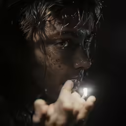 a man looks at his reflection with a flashlight