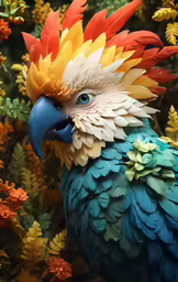 colorful bird with long feathers in front of colorful plants