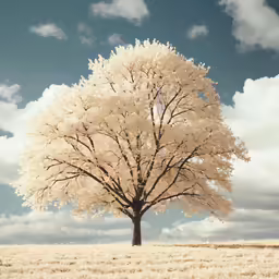 a lone tree in a barren landscape with a partly cloudy sky