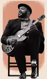 a man with a hat is playing an electric guitar