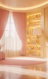 a living room with pink curtains and curtains on the wall