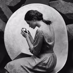 a woman in an old photo with rocks