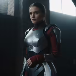 a woman in a grey and red outfit