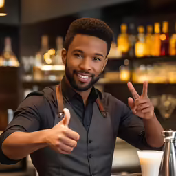 a male bartender in black shirt pointing at camera