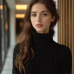 a woman leaning on a column with her hair in half up