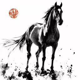 a horse with long, wavy mane and tail runs through dust