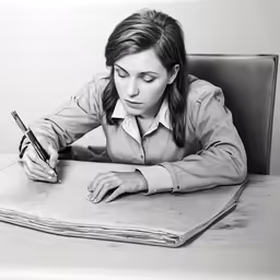 a woman sitting at a table with pen and paper in front of her