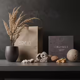 a table with two brown bags and several small plants