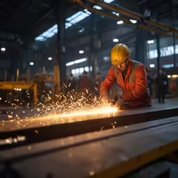 the man in the yellow helmet is grinding metal on a machine