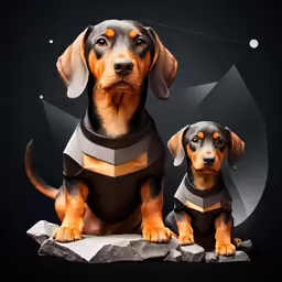 two dogs sit on rocks in front of an abstract background