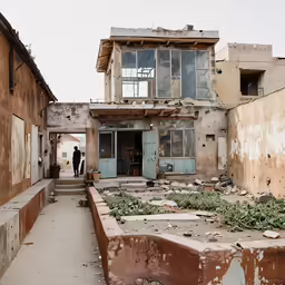 a view of a person walking out a window